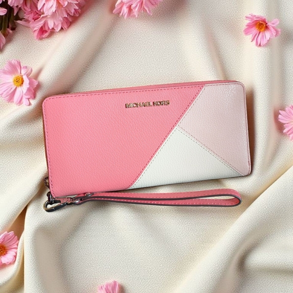 Michael Kors Jet Set Travel Large Continental Leather Wallet Tea Rose Multi New - Picture 1 of 9